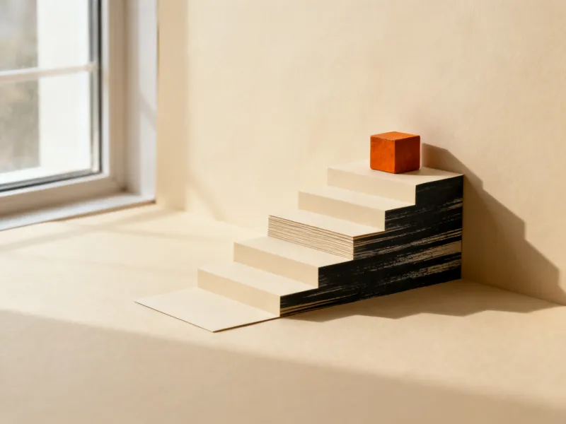 Paper steps rising toward an orange block, climbing search rankings